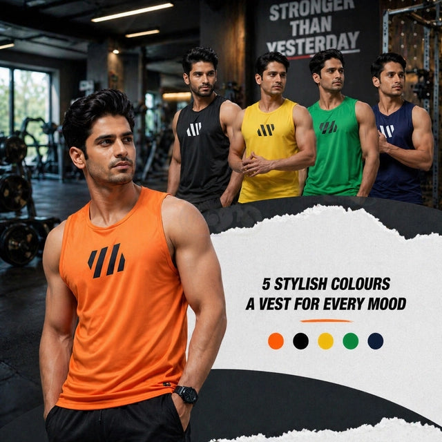 PSC Men’s Gym Vest Pack of 5 – Stylish, Breathable, Stretchable & Comfortable Sleeveless Sports Vest for Workout, Running, Training & Daily Wear.